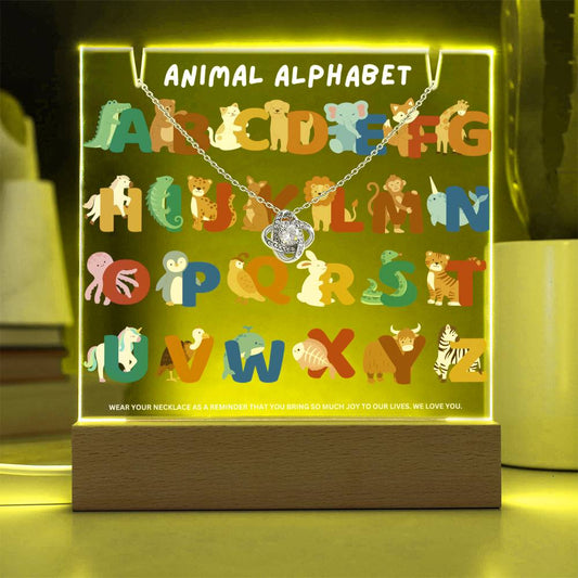 JGF Jewelry Gifts For Family Learn Animal Alphabet A to Z Acrylic Plaque and Necklace Bundle