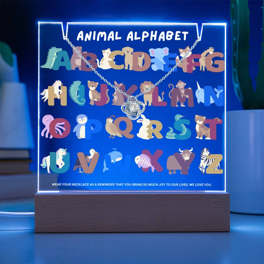 JGF Jewelry Gifts For Family Learn Animal Alphabet A to Z Acrylic Plaque and Necklace Bundle