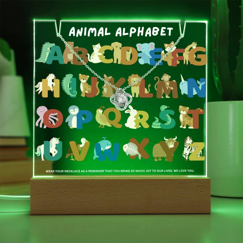 JGF Jewelry Gifts For Family Learn Animal Alphabet A to Z Acrylic Plaque and Necklace Bundle