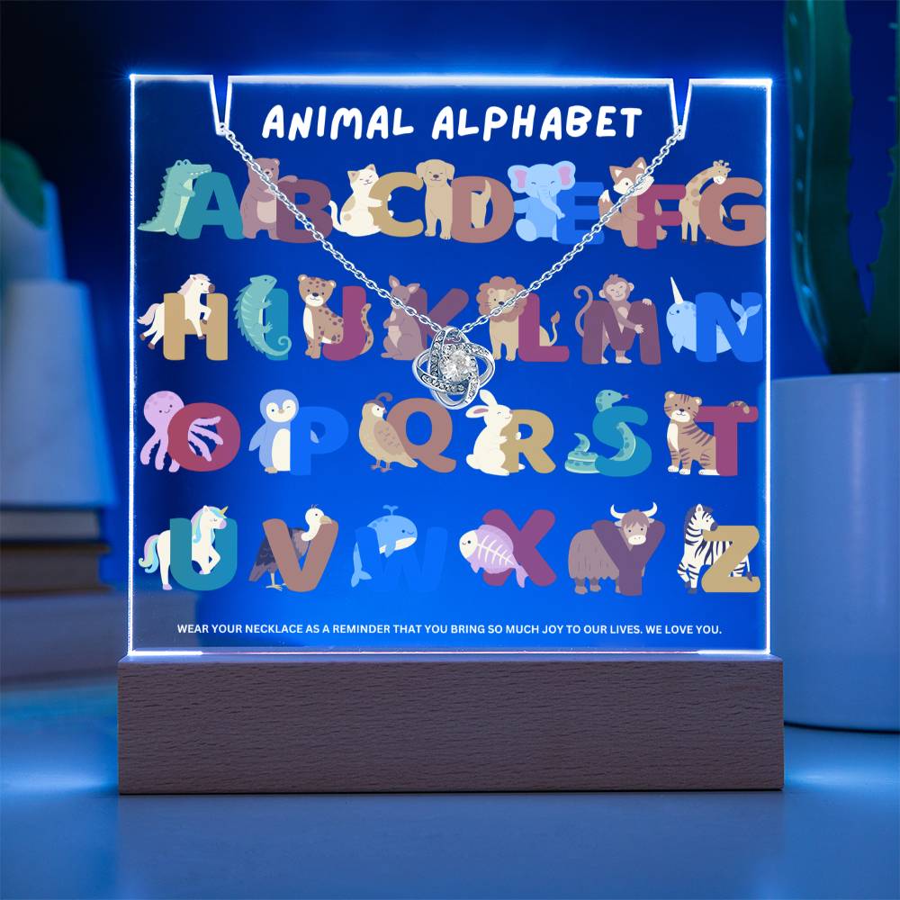 JGF Jewelry Gifts For Family Learn Animal Alphabet A to Z Acrylic Plaque and Necklace Bundle