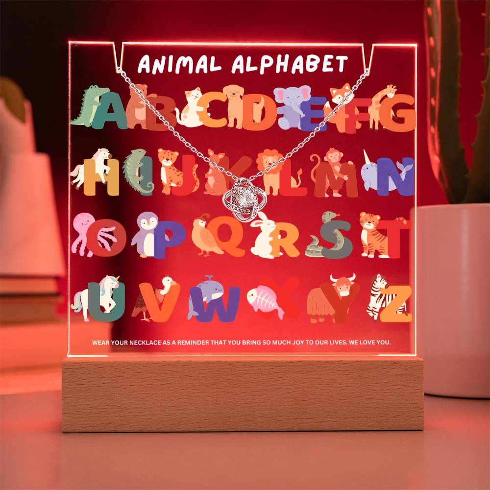 JGF Jewelry Gifts For Family Learn Animal Alphabet A to Z Acrylic Plaque and Necklace Bundle