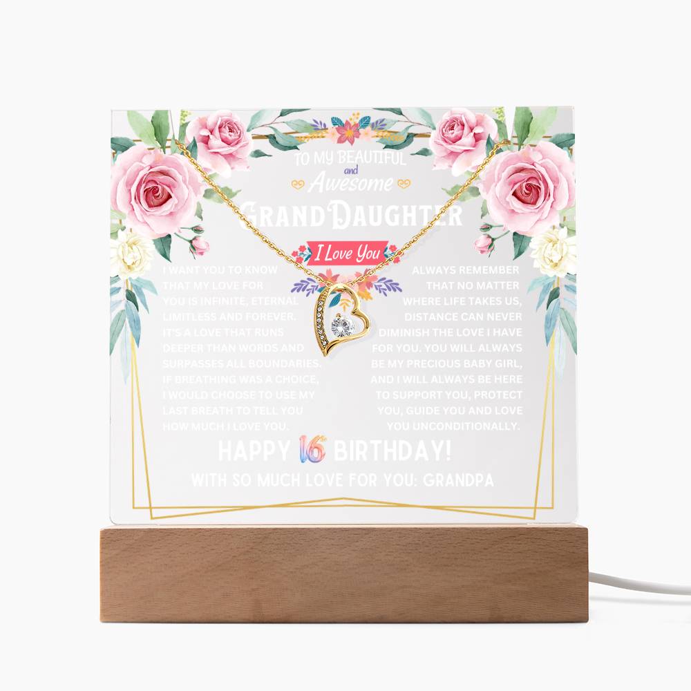 JGF Jewelry Gifts For Family Granddaughter Acrylic Plaque and Necklace For Her Happy 16th Birthday From Grandpa