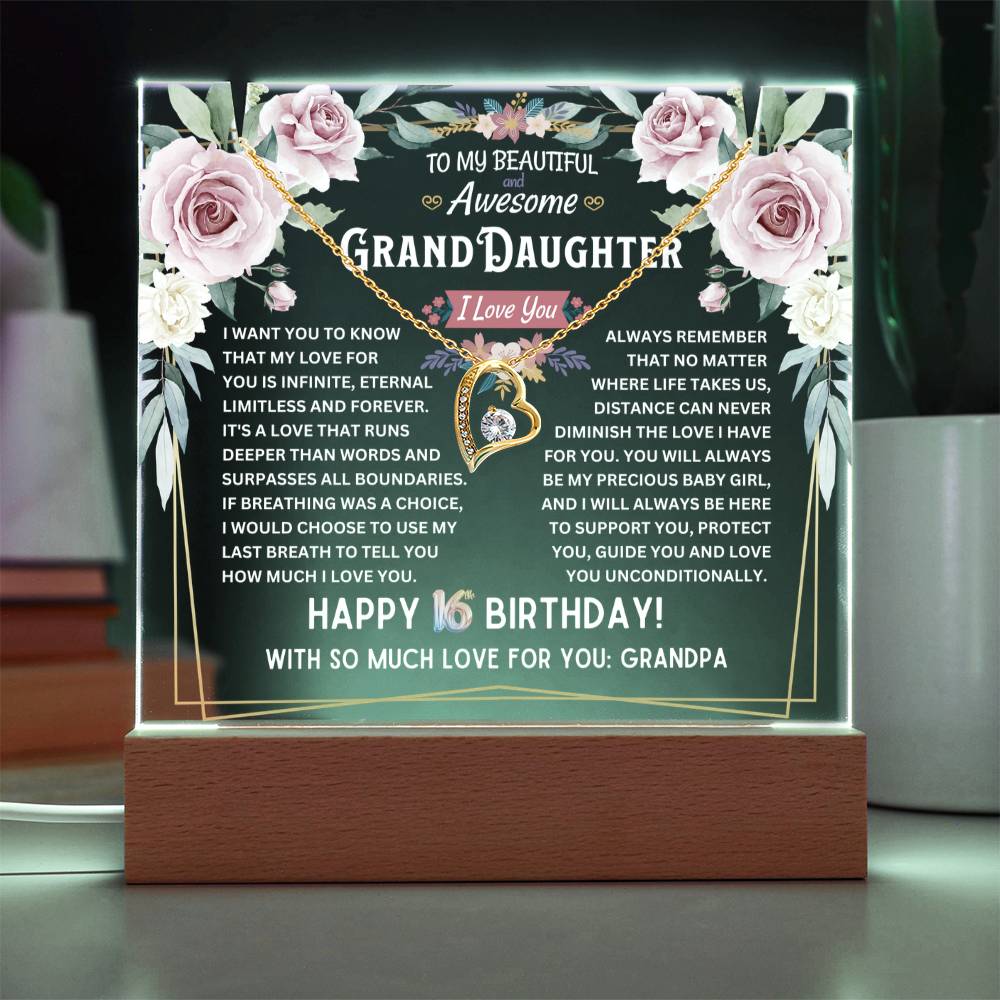 JGF Jewelry Gifts For Family Granddaughter Acrylic Plaque and Necklace For Her Happy 16th Birthday From Grandpa