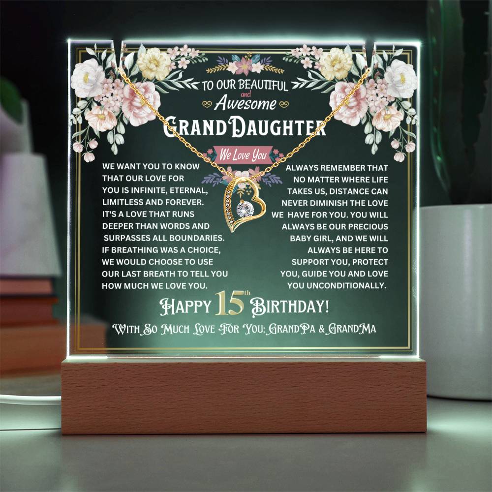 JGF Jewelry Gifts For Family Granddaughter Happy 15th Birthday Jewelry Gifts For Teen Girls Turning 15 Year Old Trendy Acrylic Plaque and Necklace Gifts for Her