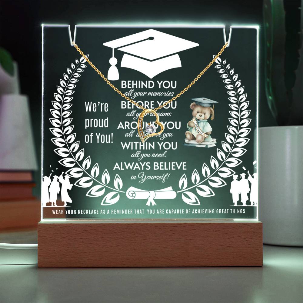 JGF Jewelry Gifts For Family Happy Graduation Acrylic Plaque Sign with Heart Necklace For Girls