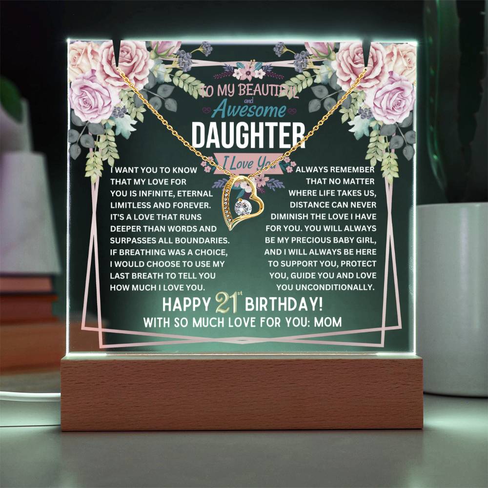 JGF Jewelry Gifts For Family Happy 21st Birthday Gift For Her Gold-Plated Necklace Jewelry Acrylic Daughter Plaque With Stand From Mom