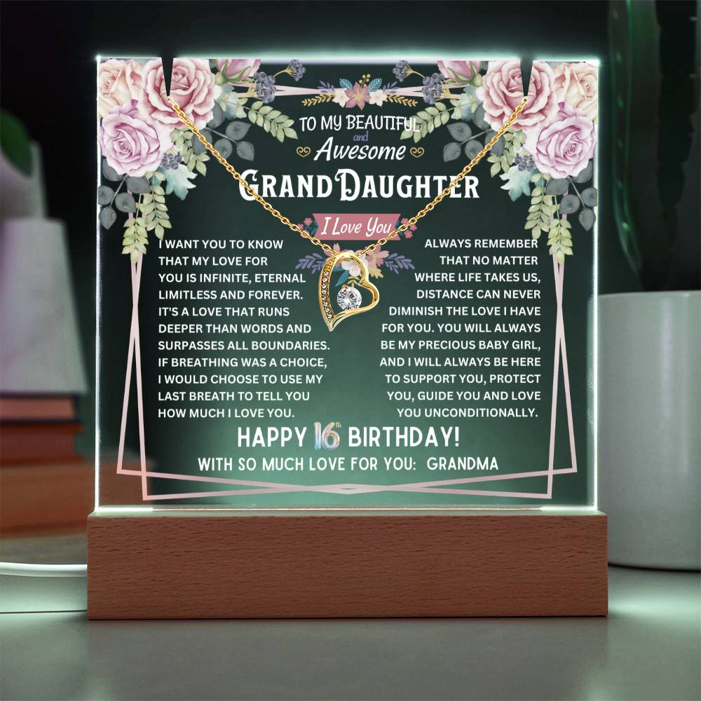 JGF Jewelry Gifts For Family Granddaughter Acrylic Plaque and Necklace For Her Happy 16th Birthday From Grandma