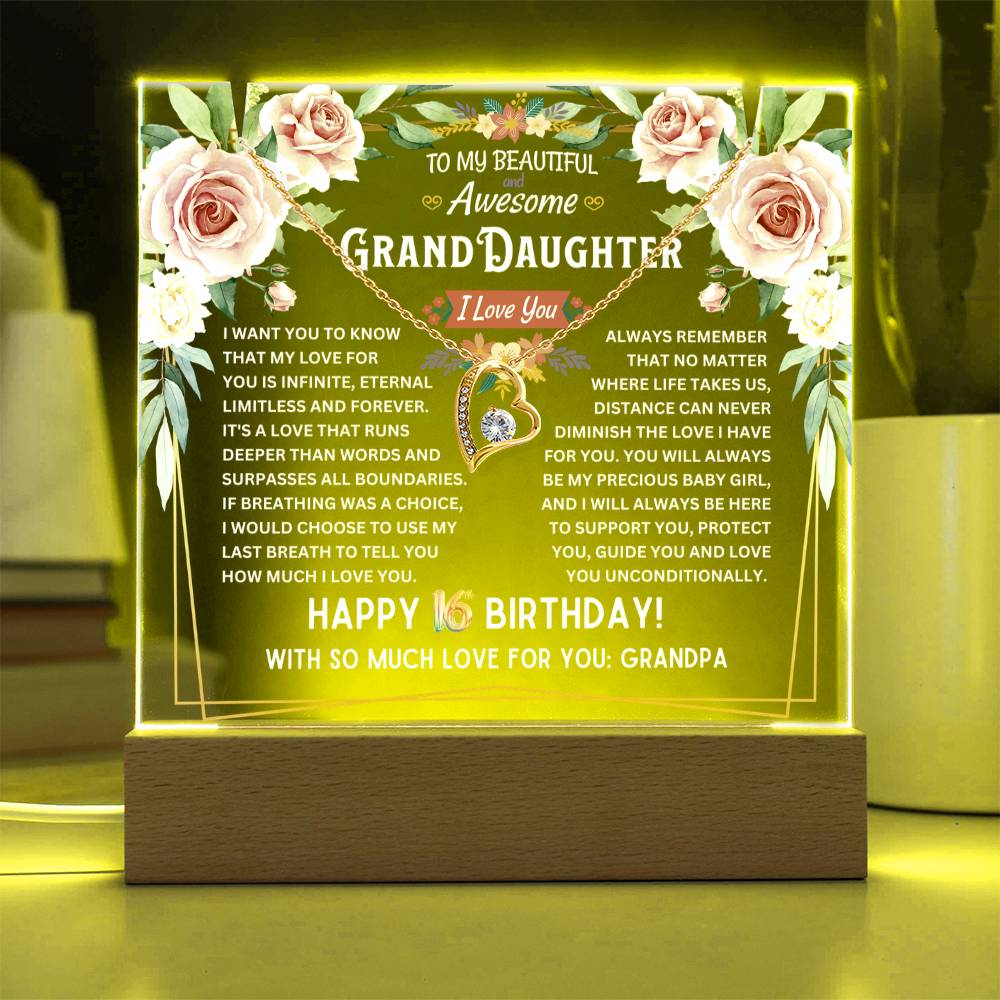 JGF Jewelry Gifts For Family Granddaughter Acrylic Plaque and Necklace For Her Happy 16th Birthday From Grandpa