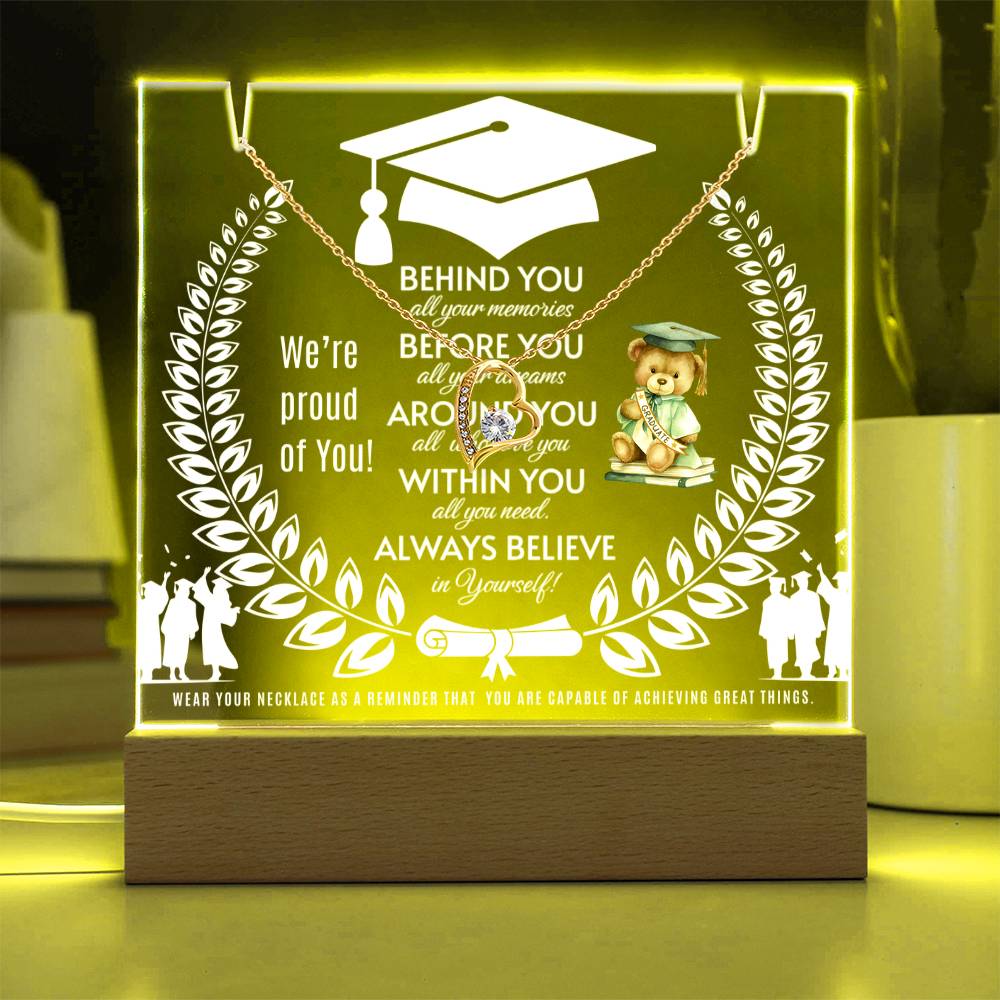 JGF Jewelry Gifts For Family Happy Graduation Acrylic Plaque Sign with Heart Necklace For Girls