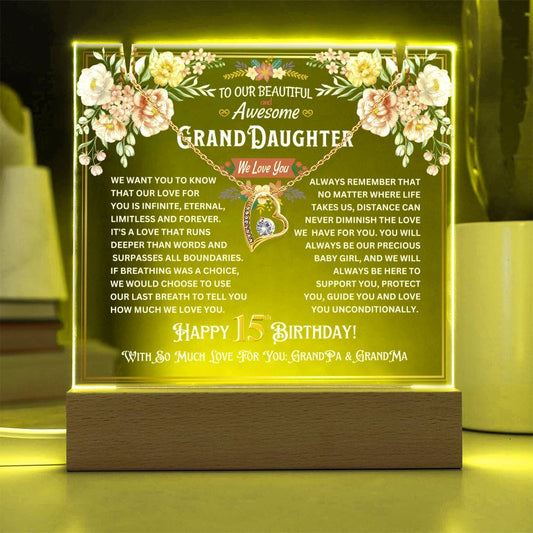 JGF Jewelry Gifts For Family Granddaughter Happy 15th Birthday Jewelry Gifts For Teen Girls Turning 15 Year Old Trendy Acrylic Plaque and Necklace Gifts for Her