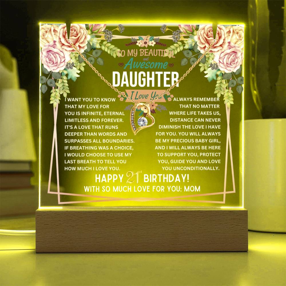 JGF Jewelry Gifts For Family Happy 21st Birthday Gift For Her Gold-Plated Necklace Jewelry Acrylic Daughter Plaque With Stand From Mom