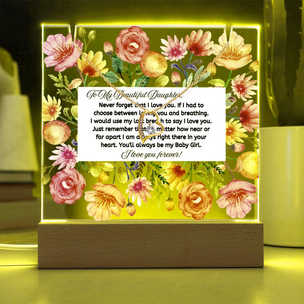 JGF Jewelry Gifts For Family Necklace and Acrylic Daughter Plaque from Mom and Dad Multicolor Display LED