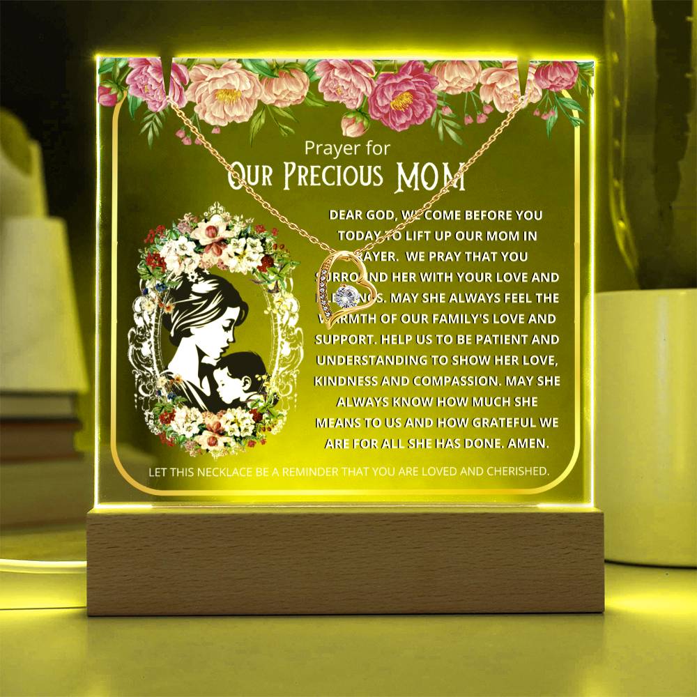 JGF Jewelry Gifts For Family Prayer For Our Mom Acrylic Plaque with LED Sign Stand and Heart Necklace from Daughter and Son