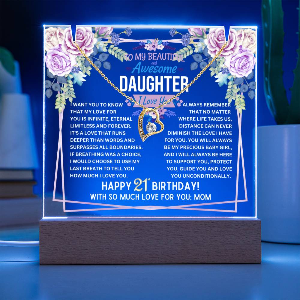 JGF Jewelry Gifts For Family Happy 21st Birthday Gift For Her Gold-Plated Necklace Jewelry Acrylic Daughter Plaque With Stand From Mom