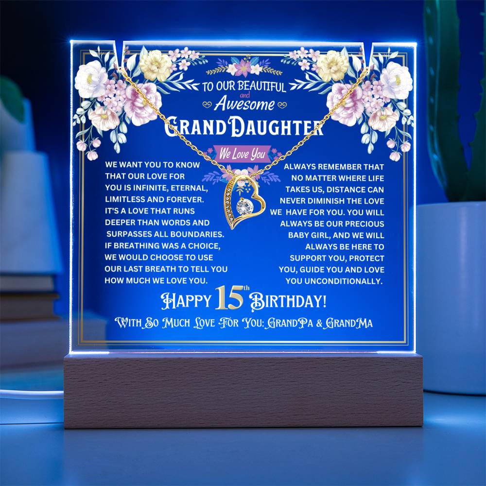 JGF Jewelry Gifts For Family Granddaughter Happy 15th Birthday Jewelry Gifts For Teen Girls Turning 15 Year Old Trendy Acrylic Plaque and Necklace Gifts for Her