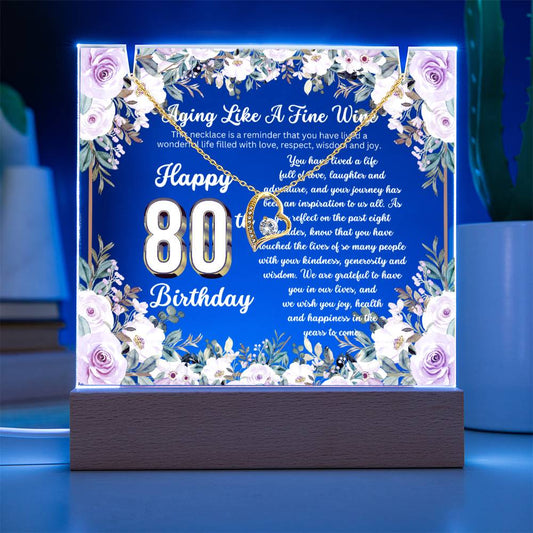 JGF Jewelry Gifts for Family Happy 80th Birthday Heart Necklace on Acrylic Plaque Gifts For Women Turning 80 Year Old