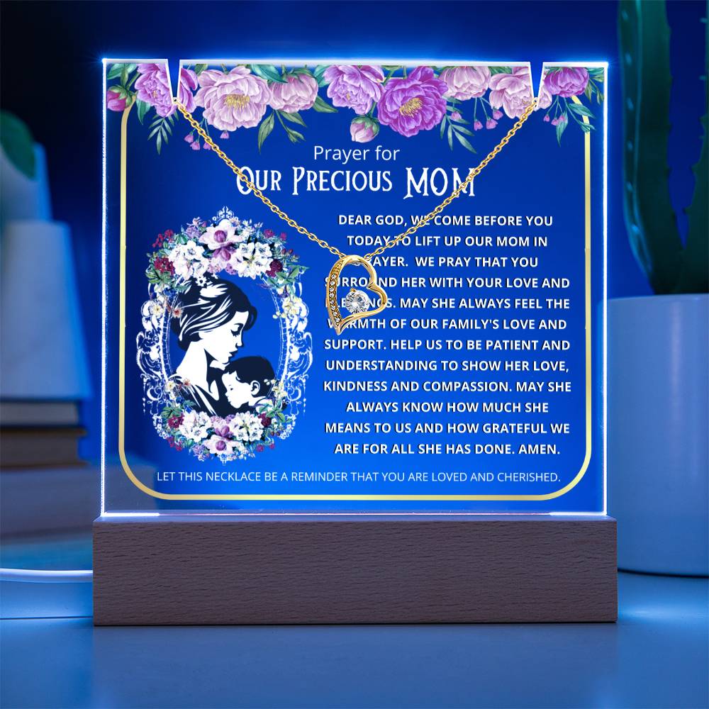 JGF Jewelry Gifts For Family Prayer For Our Mom Acrylic Plaque with LED Sign Stand and Heart Necklace from Daughter and Son