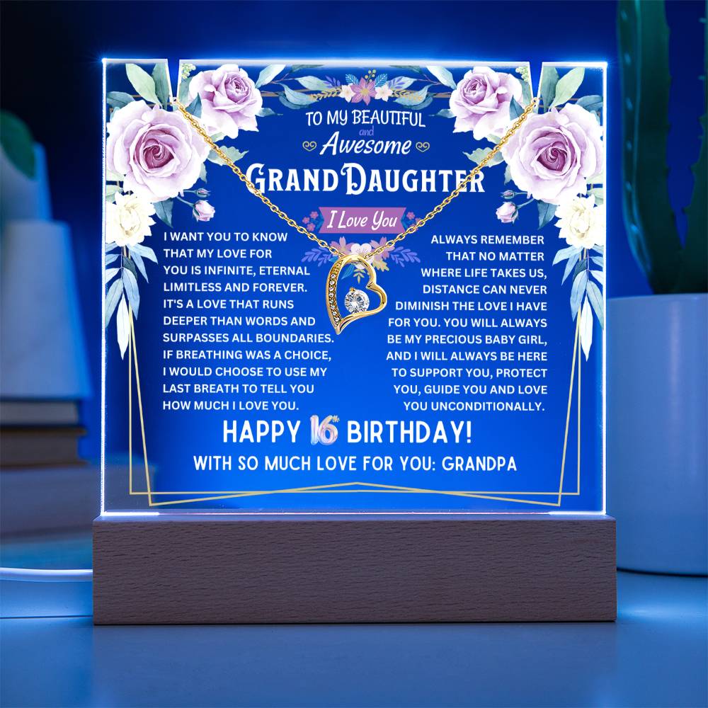 JGF Jewelry Gifts For Family Granddaughter Acrylic Plaque and Necklace For Her Happy 16th Birthday From Grandpa