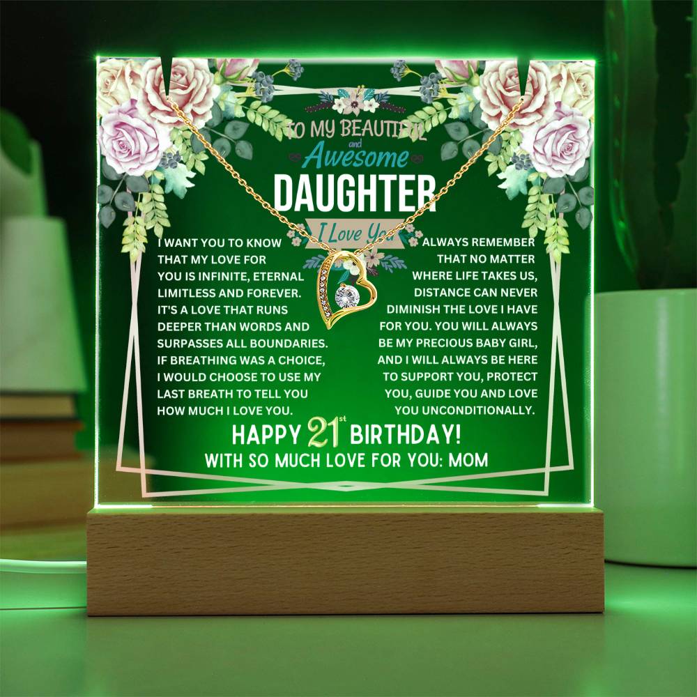 JGF Jewelry Gifts For Family Happy 21st Birthday Gift For Her Gold-Plated Necklace Jewelry Acrylic Daughter Plaque With Stand From Mom