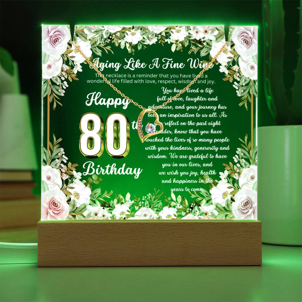 JGF Jewelry Gifts for Family Happy 80th Birthday Heart Necklace on Acrylic Plaque Gifts For Women Turning 80 Year Old