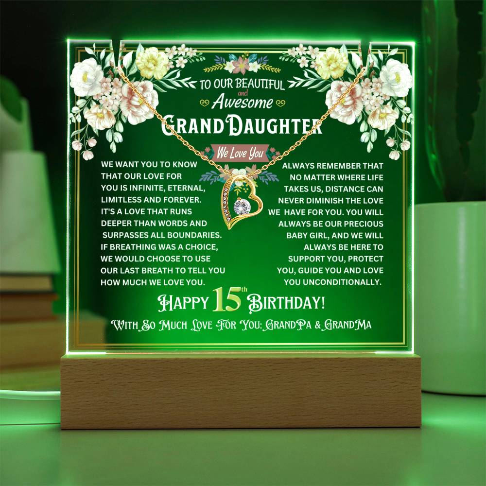 JGF Jewelry Gifts For Family Granddaughter Happy 15th Birthday Jewelry Gifts For Teen Girls Turning 15 Year Old Trendy Acrylic Plaque and Necklace Gifts for Her