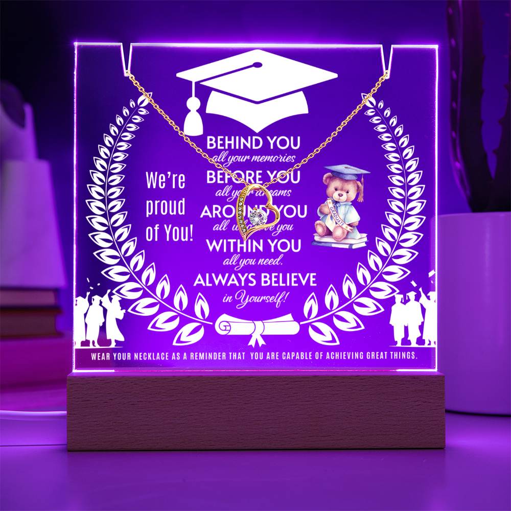 JGF Jewelry Gifts For Family Happy Graduation Acrylic Plaque Sign with Heart Necklace For Girls