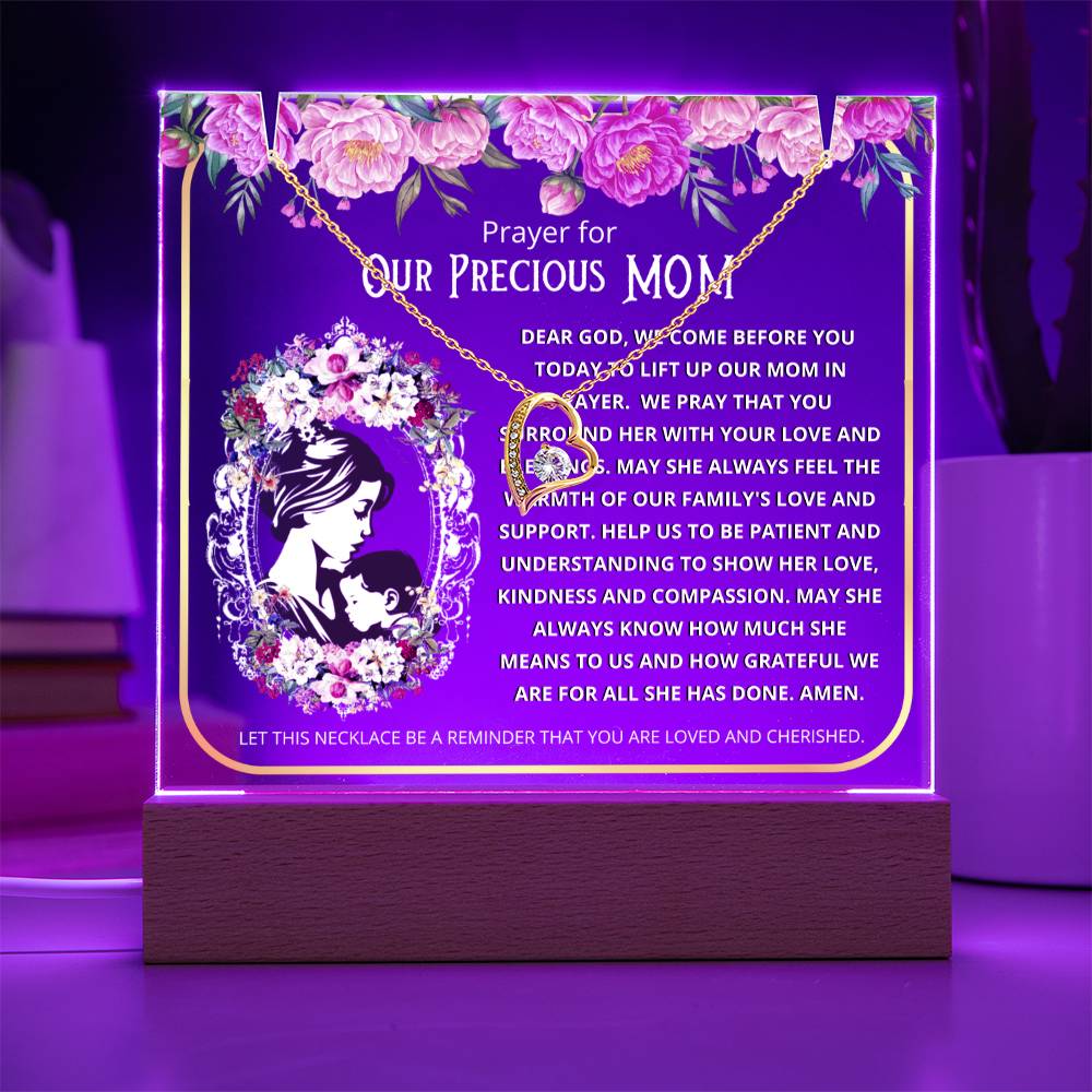 JGF Jewelry Gifts For Family Prayer For Our Mom Acrylic Plaque with LED Sign Stand and Heart Necklace from Daughter and Son