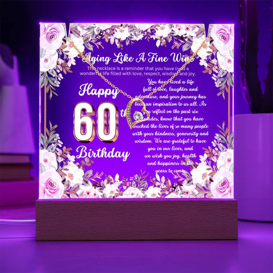 JGF Jewelry Gifts for Family Happy 60th Birthday Heart Necklace on Acrylic Plaque Gifts For Women Turning 60 Year Old