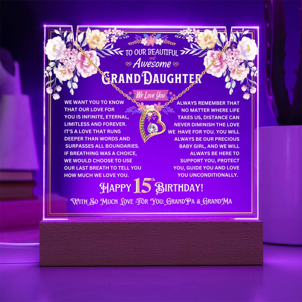 JGF Jewelry Gifts For Family Granddaughter Happy 15th Birthday Jewelry Gifts For Teen Girls Turning 15 Year Old Trendy Acrylic Plaque and Necklace Gifts for Her