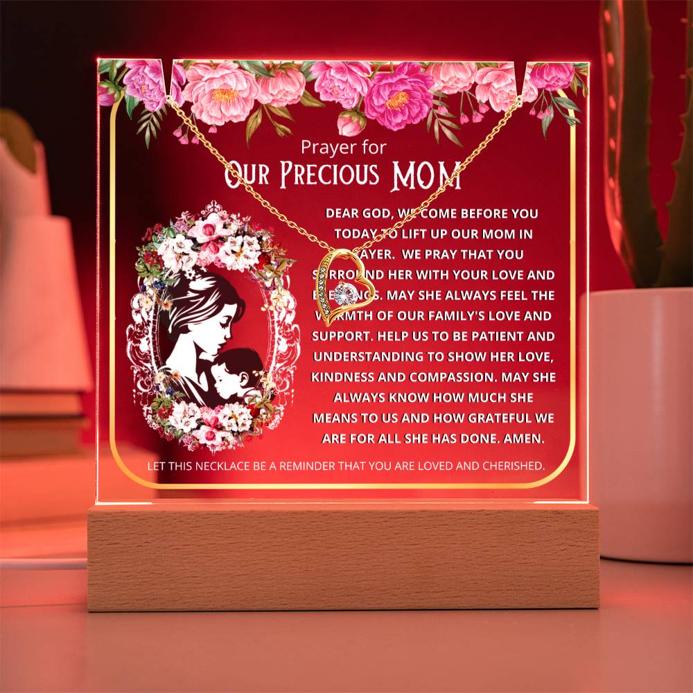 JGF Jewelry Gifts For Family Prayer For Our Mom Acrylic Plaque with LED Sign Stand and Heart Necklace from Daughter and Son