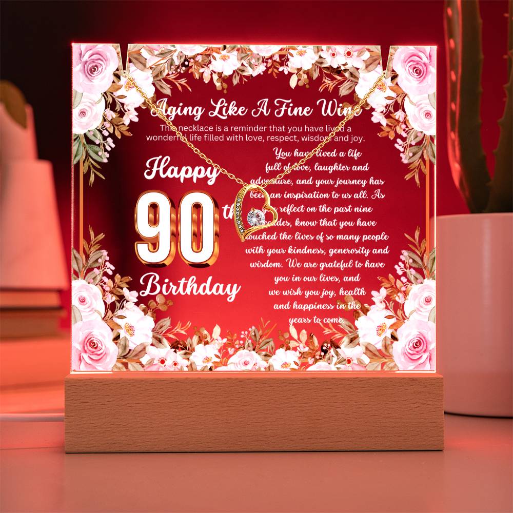 JGF Jewelry Gifts for Family Happy 90th Birthday Heart Necklace on Acrylic Plaque Gifts For Women Turning 90 Year Old