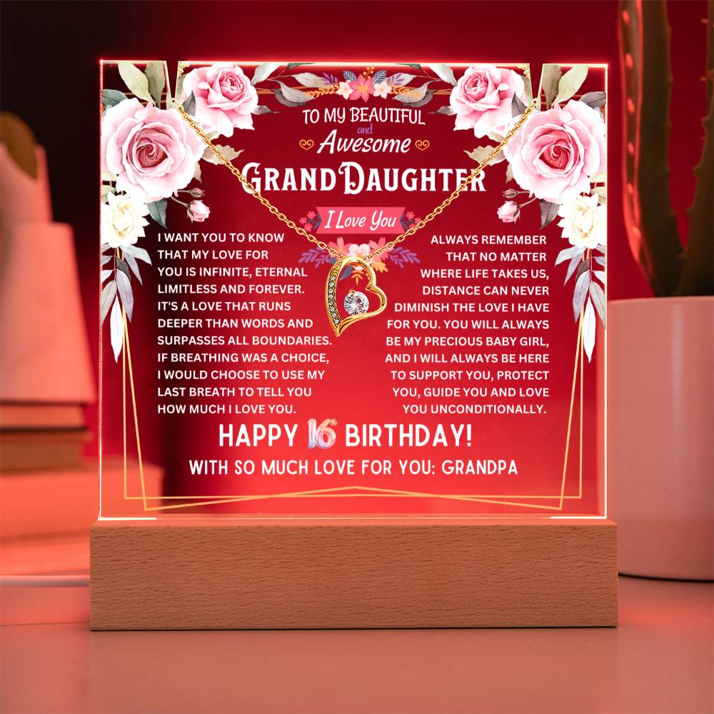 JGF Jewelry Gifts For Family Granddaughter Acrylic Plaque and Necklace For Her Happy 16th Birthday From Grandpa