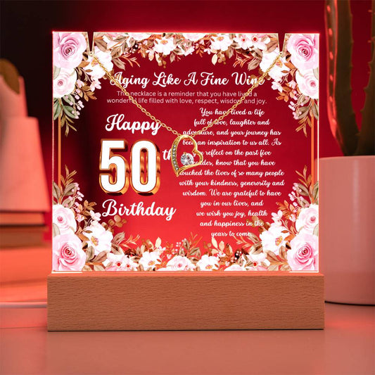 JGF Jewelry Gifts for Family Happy 50th Birthday Heart Necklace on Acrylic Plaque Gifts For Women Turning 50 Year Old