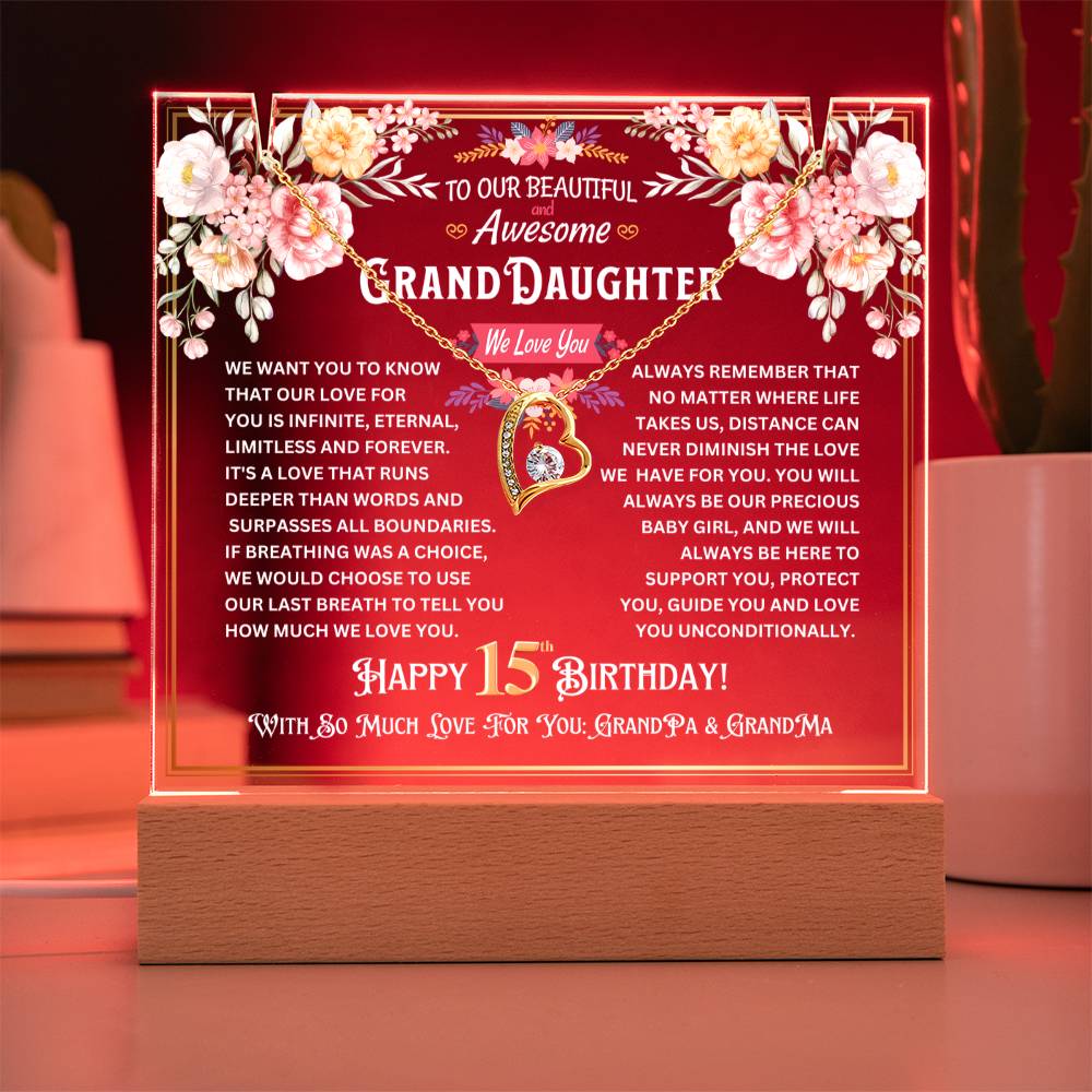 JGF Jewelry Gifts For Family Granddaughter Happy 15th Birthday Jewelry Gifts For Teen Girls Turning 15 Year Old Trendy Acrylic Plaque and Necklace Gifts for Her