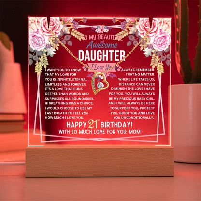 JGF Jewelry Gifts For Family Happy 21st Birthday Gift For Her Gold-Plated Necklace Jewelry Acrylic Daughter Plaque With Stand From Mom