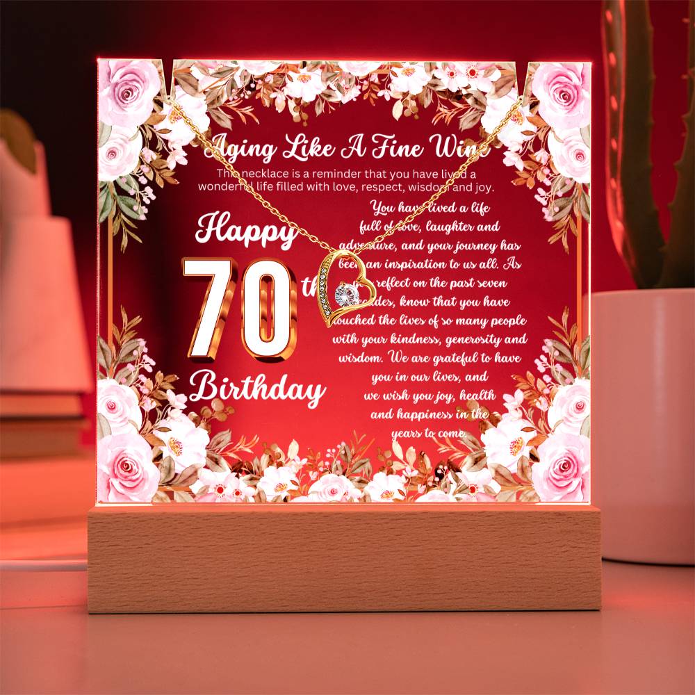 JGF Jewelry Gifts for Family Happy 70th Birthday Heart Necklace on Acrylic Plaque Gifts For Women Turning 70 Year Old