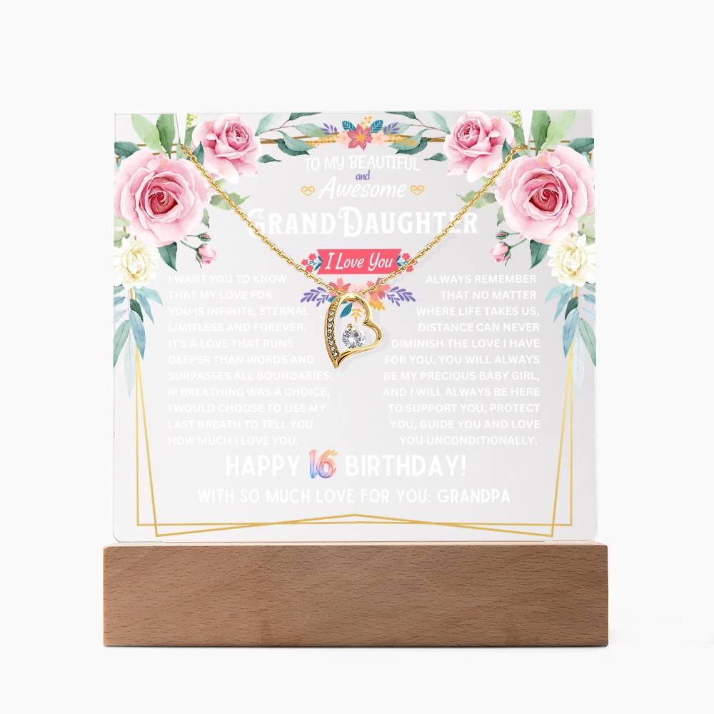 JGF Jewelry Gifts For Family Granddaughter Acrylic Plaque and Necklace For Her Happy 16th Birthday From Grandpa