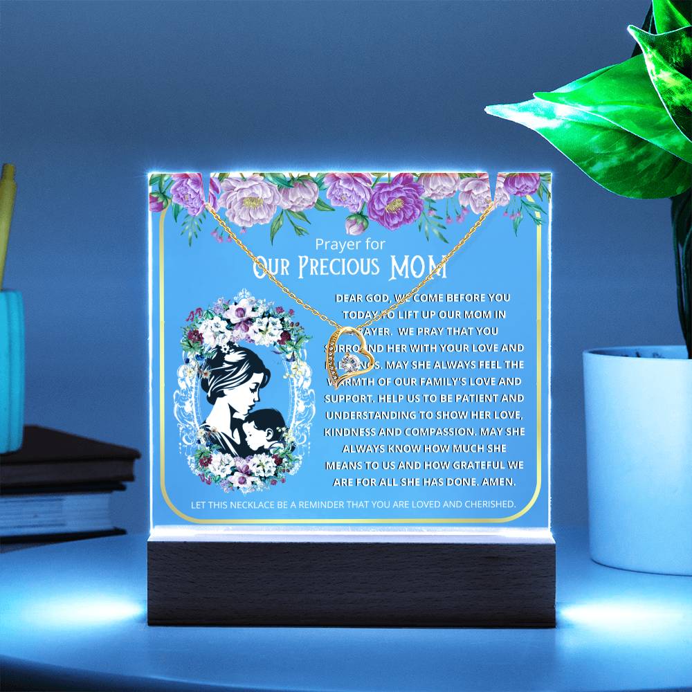 JGF Jewelry Gifts For Family Prayer For Our Mom Acrylic Plaque with LED Sign Stand and Heart Necklace from Daughter and Son