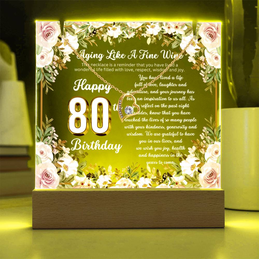 JGF Jewelry Gifts for Family Happy 80th Birthday Heart Necklace on Acrylic Plaque Gifts For Women Turning 80 Year Old