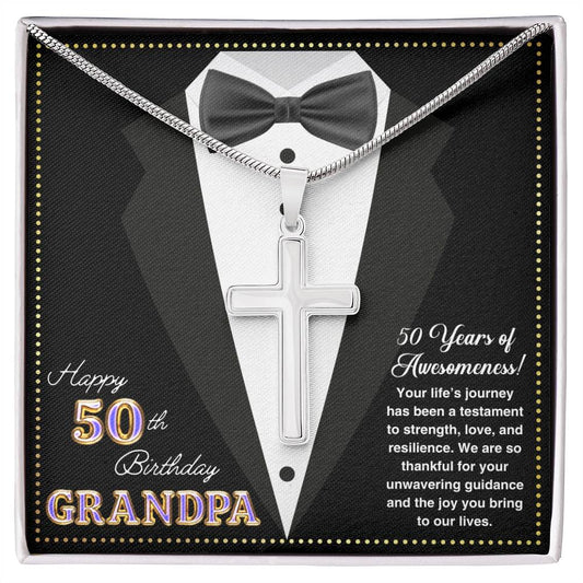 JGF Jewelry Gifts for Family Happy 50th Birthday Card For Him Grandpa Cross Necklace For Men