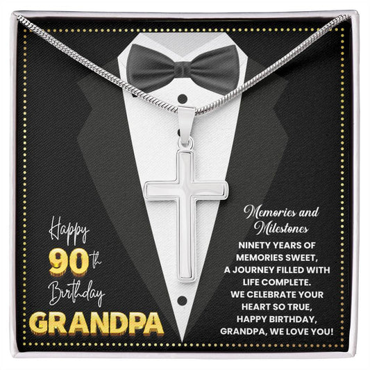 JGF Jewelry Gifts for Family Happy 90th Birthday Card Grandpa Cross Necklace For Men