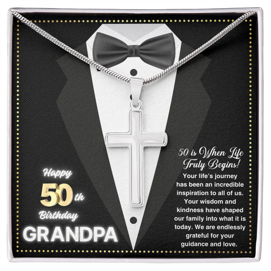 JGF Jewelry Gifts for Family Cross Necklace Silver For Grandpa 50th Birthday Card For Him