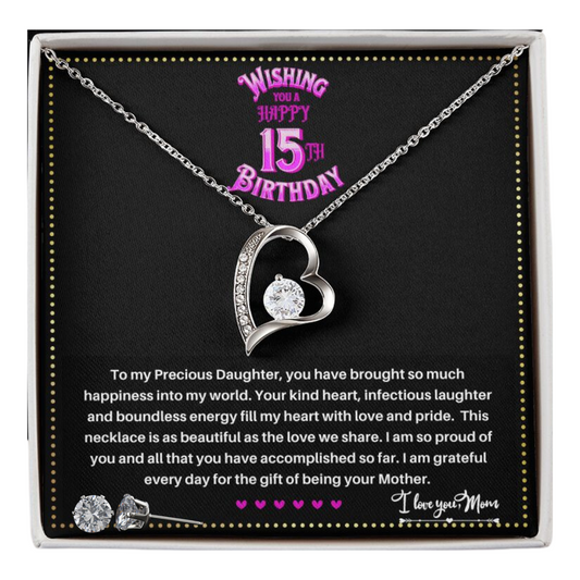 JGF Jewelry Gifts for Family | Quinceanera Silver Necklace and Earring Set for 15 Year Old Daughter Gift from Mom