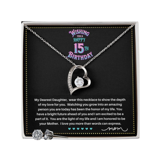 JGF Jewelry Gifts for Family | Quinceanera Cards For 15Th Birthday | Sterling Silver Heart Necklace And Earrings For Women