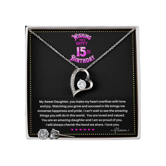 JGF Jewelry Gifts for Family | Happy 15th Birthday Card For Daughter | Trendy Love Heart Necklace And Earrings Jewelry