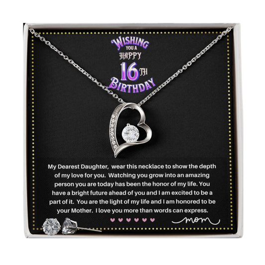 JGF Jewelry Gifts for Family | Happy 16th Birthday Card Girl | Sterling Silver Heart Necklace and Earrings for Girls from Mom